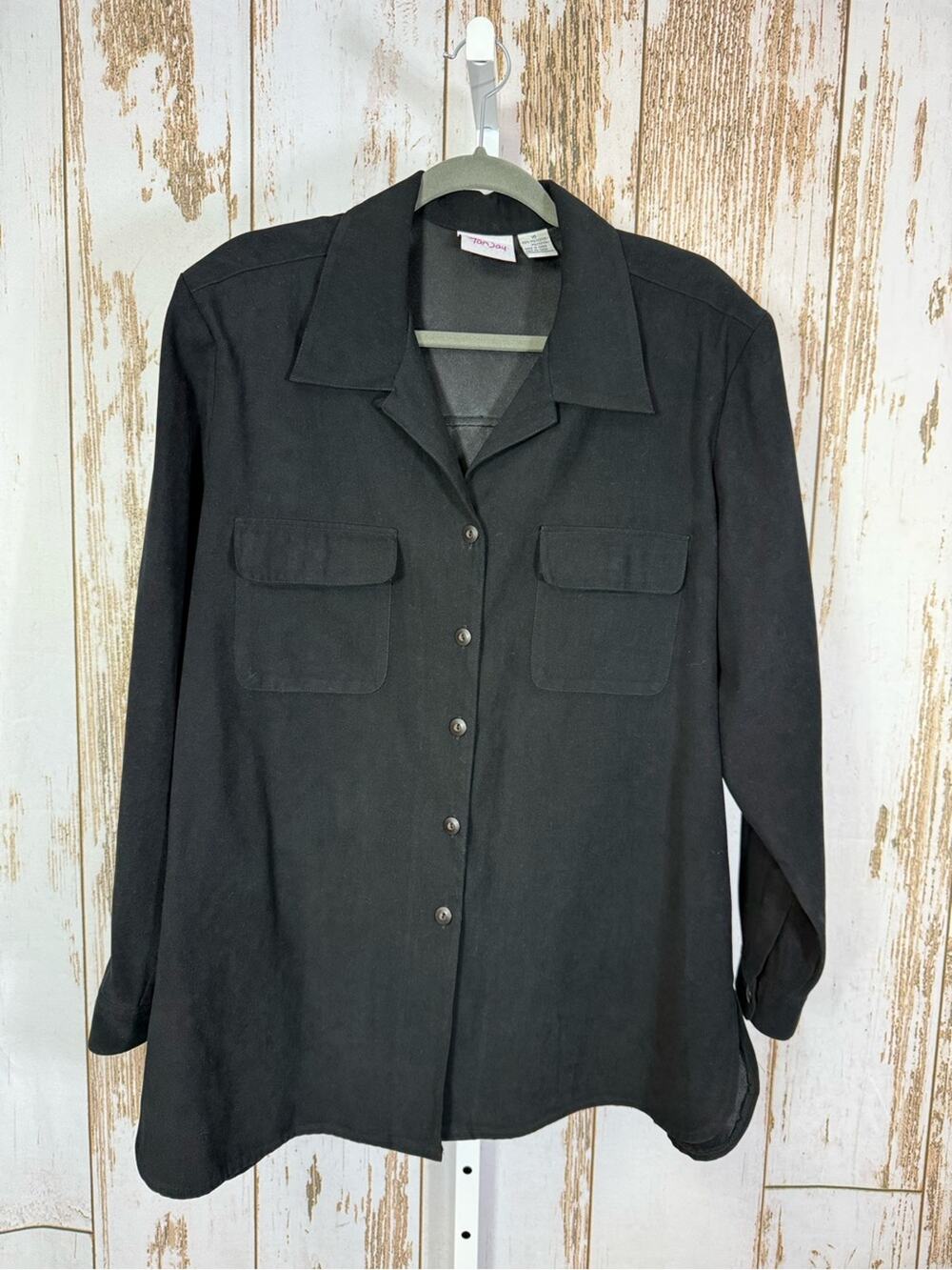 TanJay, Black Button-Front Faux suede Long Sleeve Blouse. Size 16.